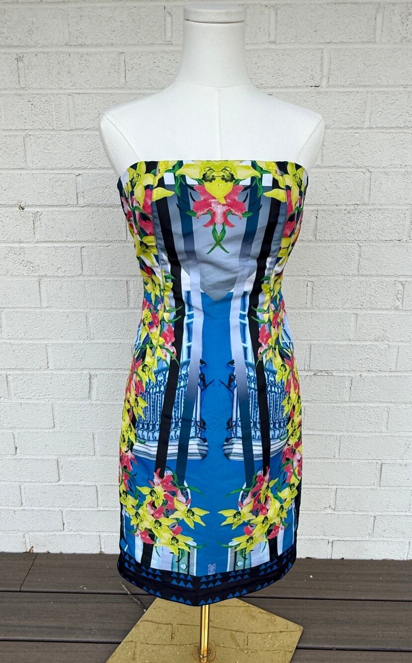 Pinko NWT Strapless Mini Dress Size 6 Floral Architectural Print Gold Zip